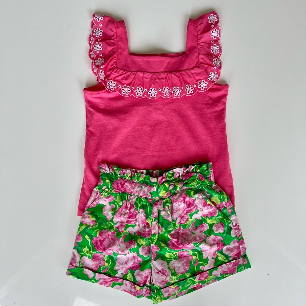 Janie and Jack Eyelet Trim Ruffle Top, Size 7, and Paperbag Shorts, Size 6
